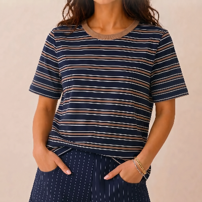 T-shirt riscas azul e camel