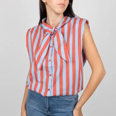Camisa riscas com laço - azul e vermelho