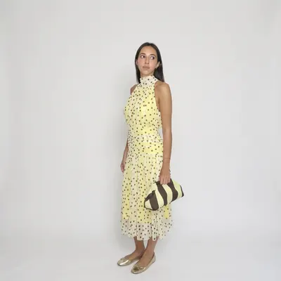 Vestido tule bolas com decote halter - amarelo