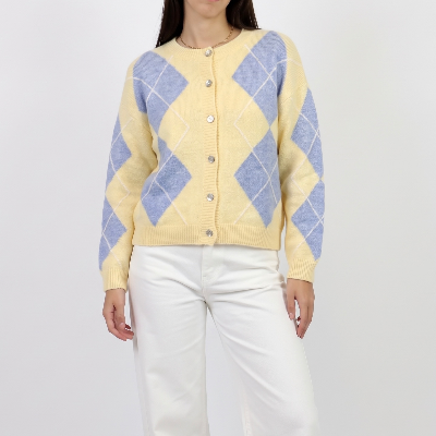 Casaco de malha c/ losangos azul e amarelo