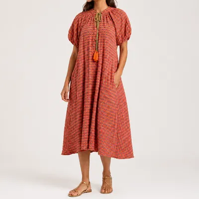 Vestido vichy coral e bege