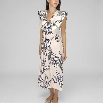 Vestido floral com abas - bege e preto