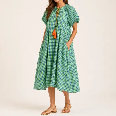Vestido vichy azul e verde