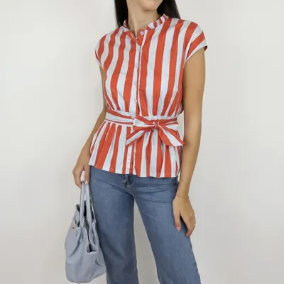 Camisa riscas com laço - azul e vermelho